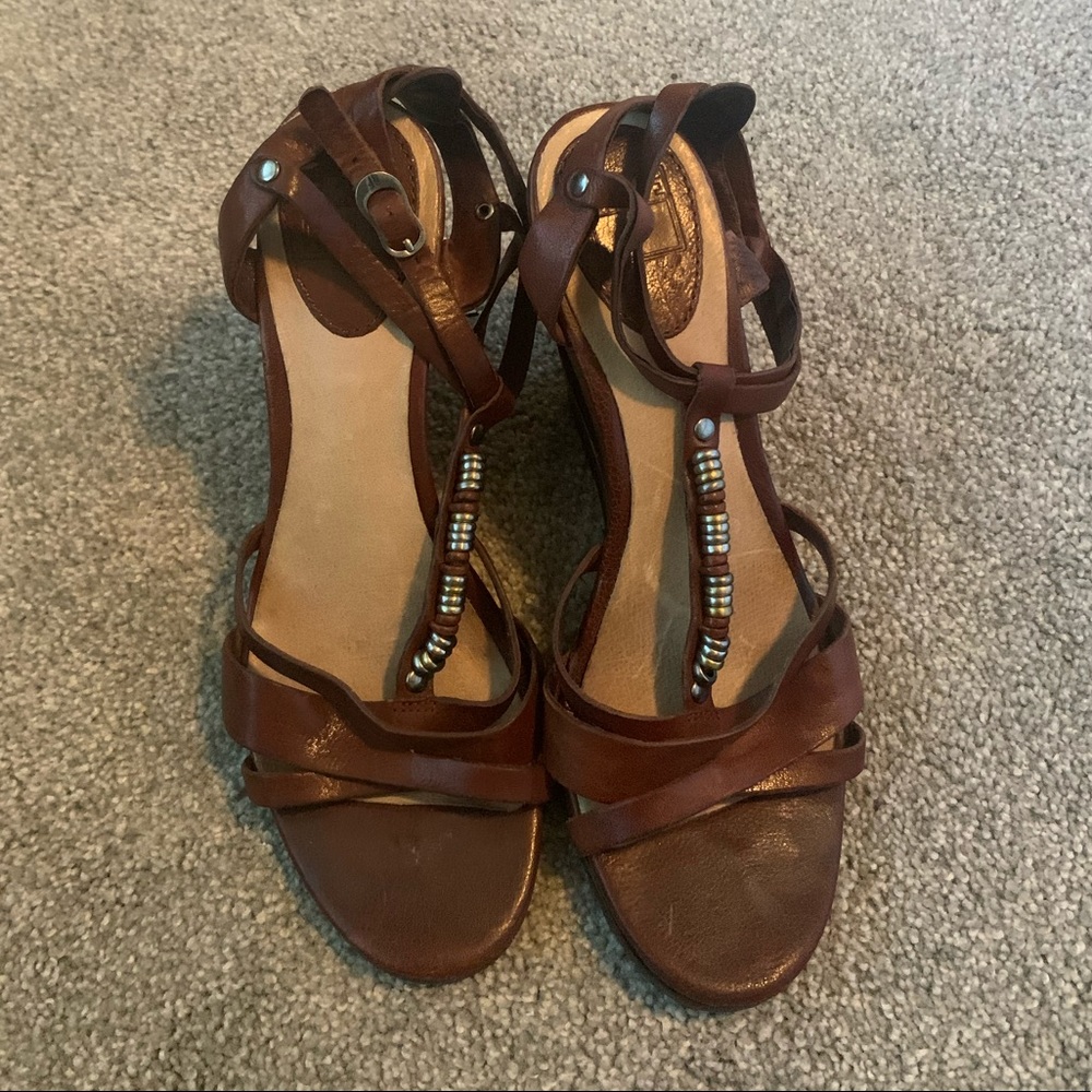 Frye leather beaded wooden wedge sandals